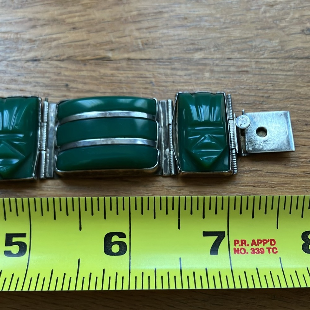 Huge Vintage Taxco Mexico Silver and Green Mask Panel Bracelet - Picture 9 of 12